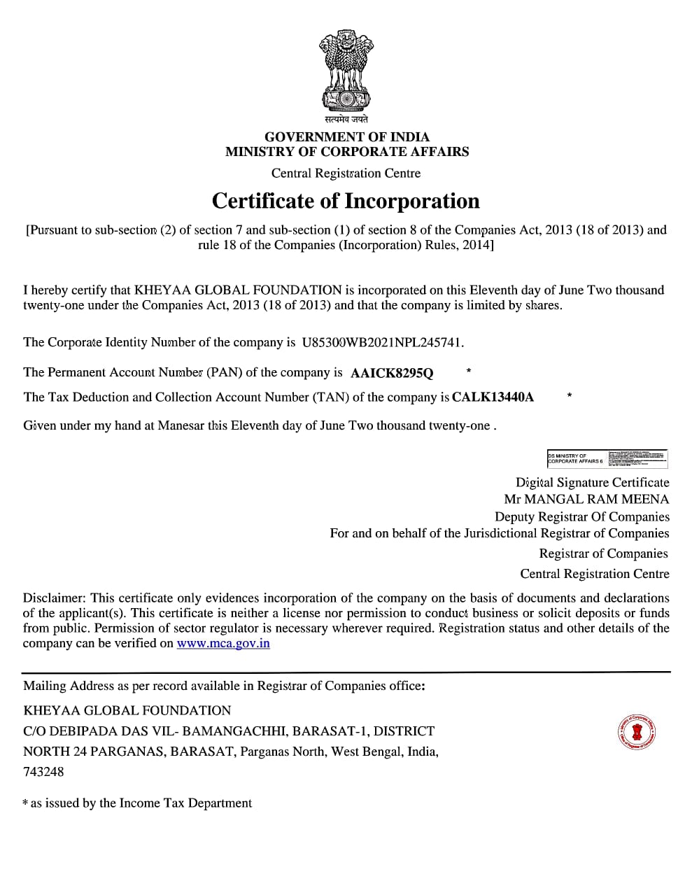 Registration CertificateRegistered as a Non-Profit Section 8 Company under the Ministry of Corporate Affairs, Govt of India.